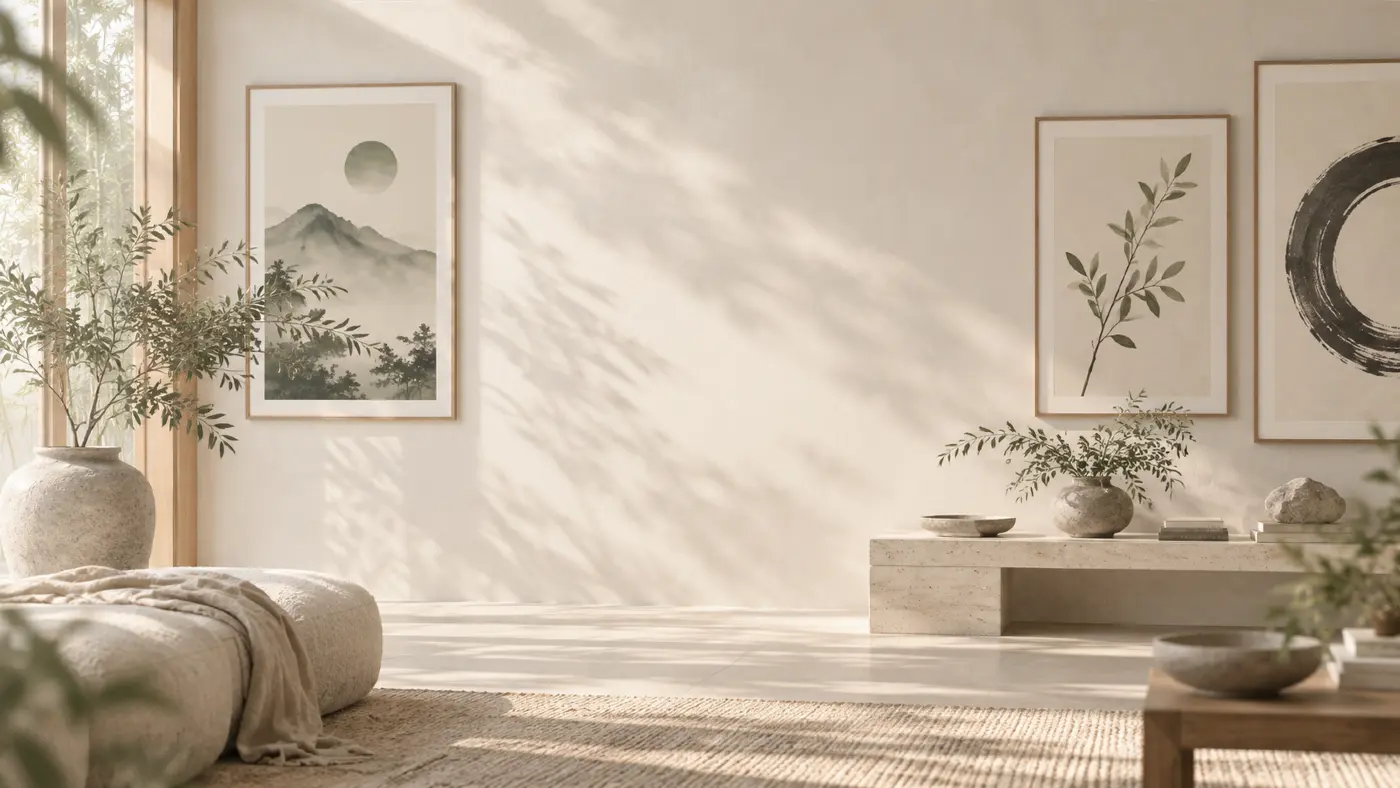Bright, minimalist living room with framed zen art prints and plants