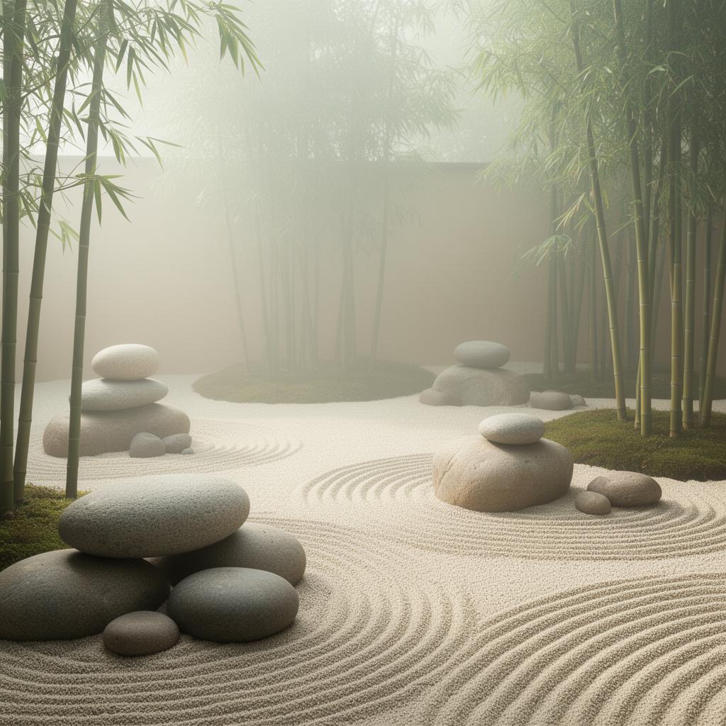 Serene zen garden with stacked stones and bamboo